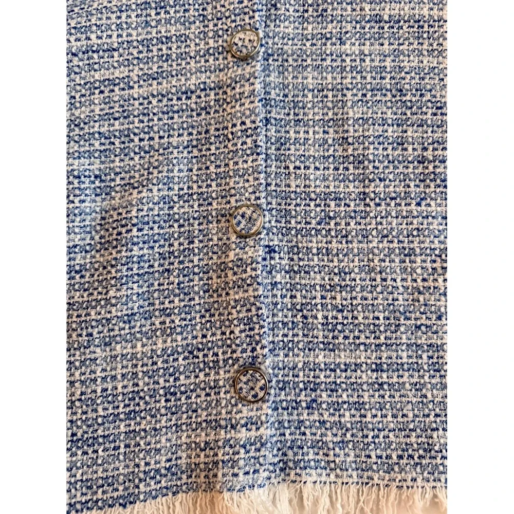 Zara Tweed Top Womens M Blue White Peter Pan Collar Puff Sleeve Fringe Preppy